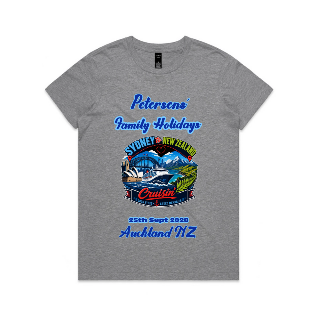 Personalised Grey Marle AS Colour Maple Tee with front print for a Sydney to New Zealand cruise, featuring family holiday text, cruise date and Auckland NZ destination.