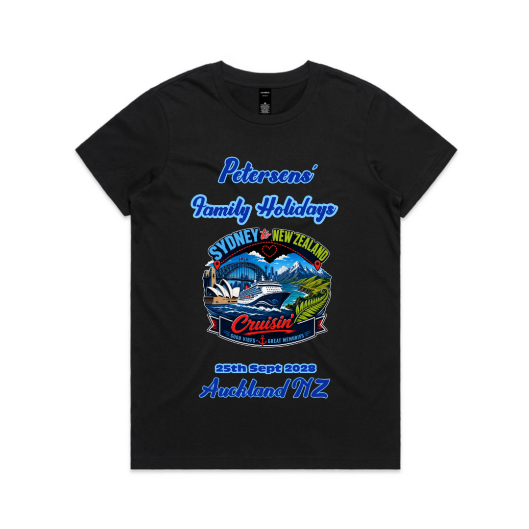 Personalised navy AS Colour Maple Tee with front print for a Sydney to New Zealand cruise, featuring family name, cruise date, Auckland NZ destination and matching family holiday design.