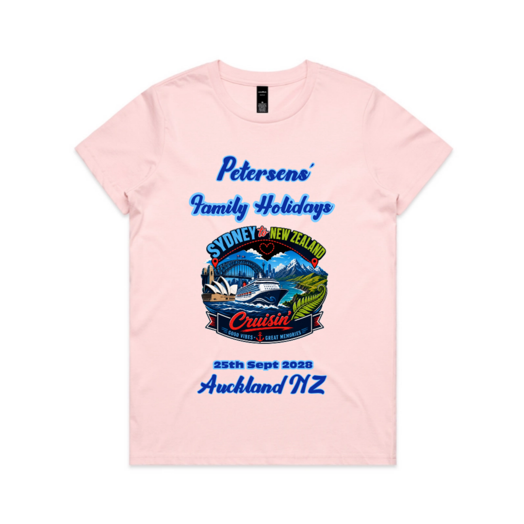 Personalised pink AS Colour Maple Tee with front print for a Sydney to New Zealand cruise, featuring family name, cruise date, Auckland NZ destination and matching family holiday design.