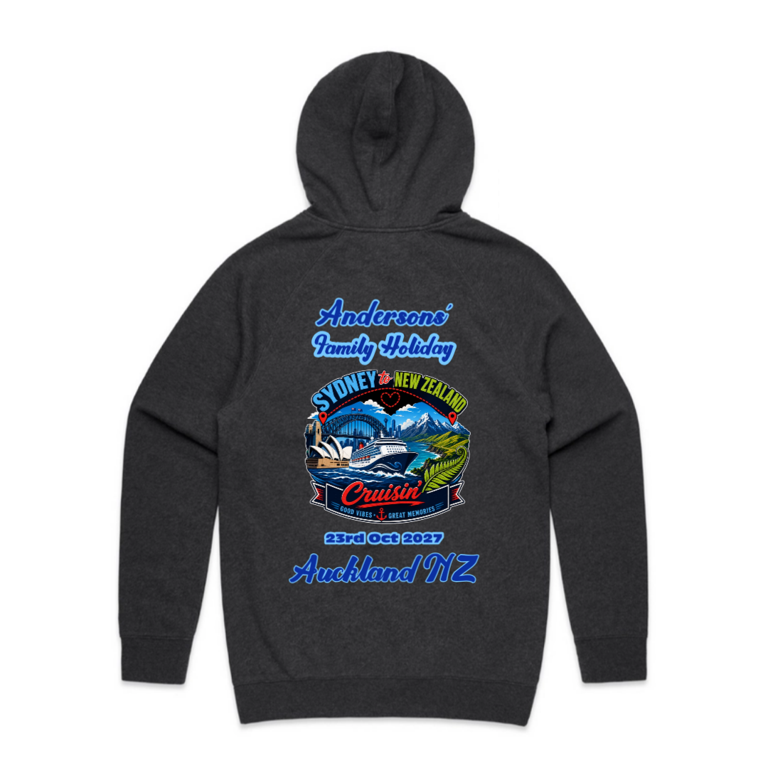 Personalised Asphalt Heather AS Colour Supply Hoodie with back print for a Sydney to New Zealand cruise, featuring family holiday text, Auckland NZ destination, cruise date and matching cruise design.