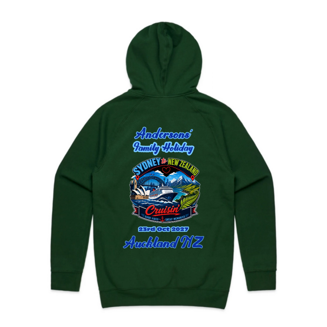 Personalised Forest Green AS Colour Supply Hoodie with back print for a Sydney to New Zealand cruise, featuring family holiday text, cruise date and Auckland NZ destination.