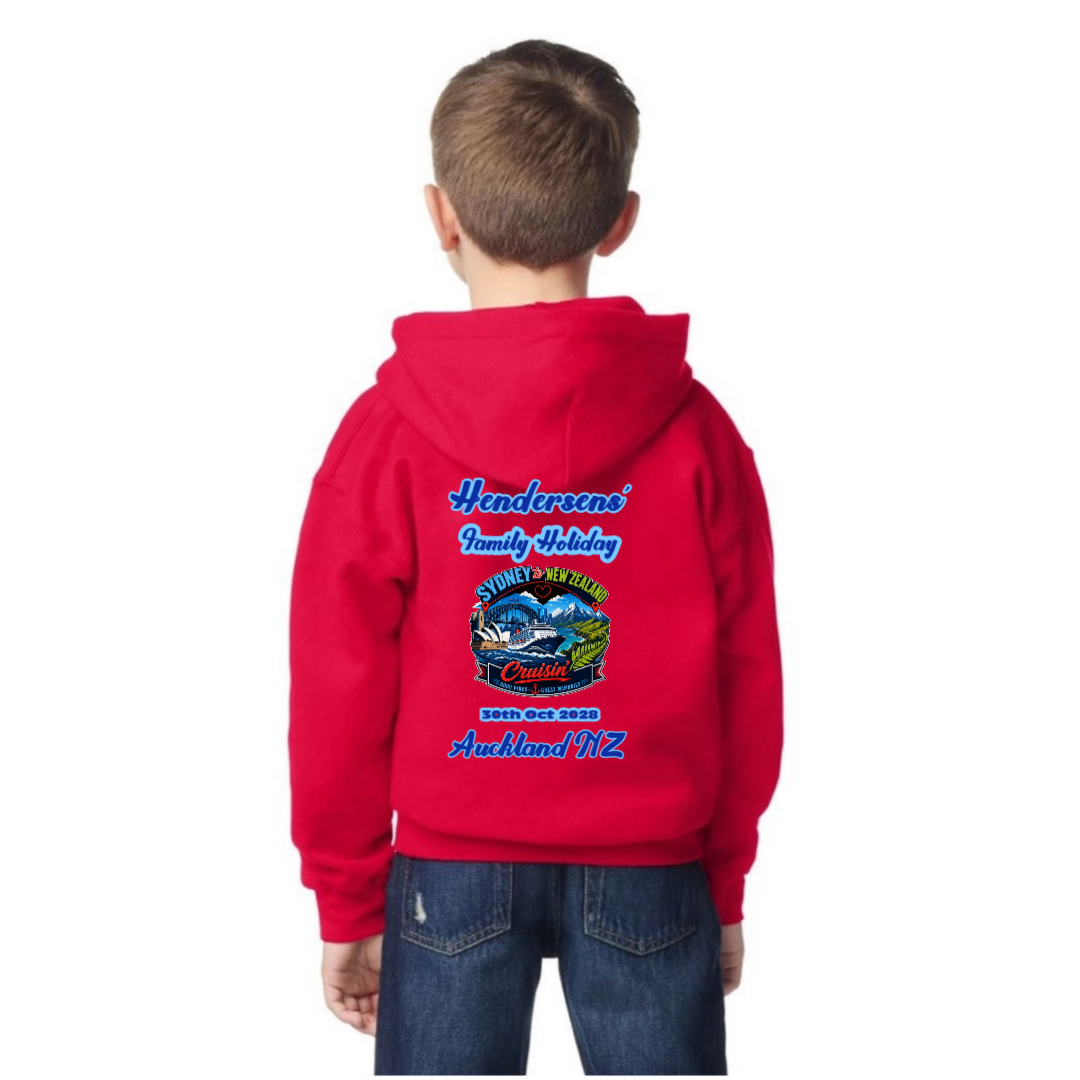 Youth wearing a personalised red Gildan 18500B hoodie with back print for a Sydney to New Zealand cruise, featuring family name, cruise date and Auckland NZ destination.
