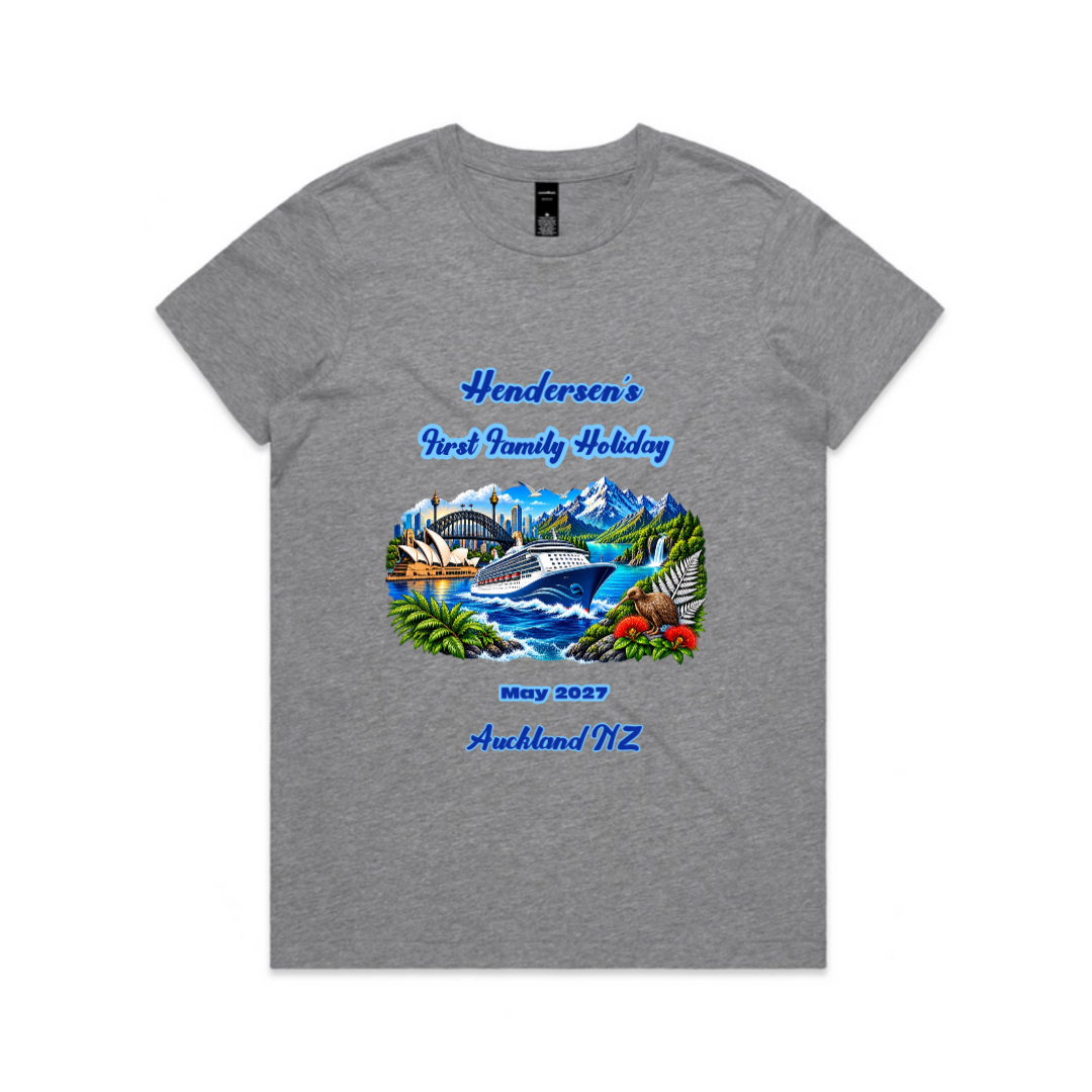 Athletic Heather Maple Tee with personalised Sydney to New Zealand family cruise design featuring a cruise ship, Sydney landmarks, New Zealand scenery and stopovers.