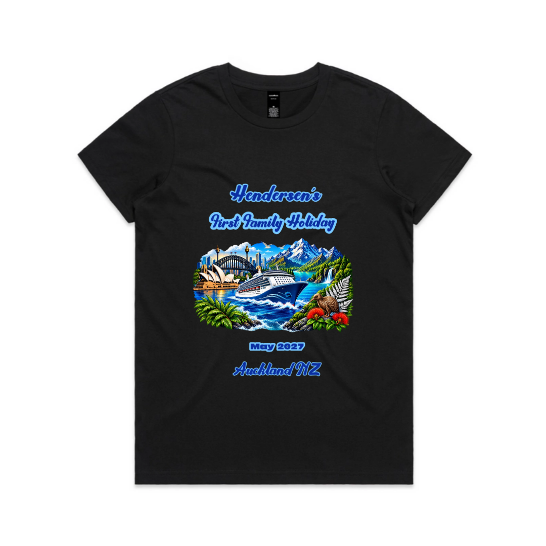 Black Maple Tee with personalised Sydney to New Zealand family cruise design featuring cruise ship, Sydney landmarks, New Zealand scenery and stopovers.