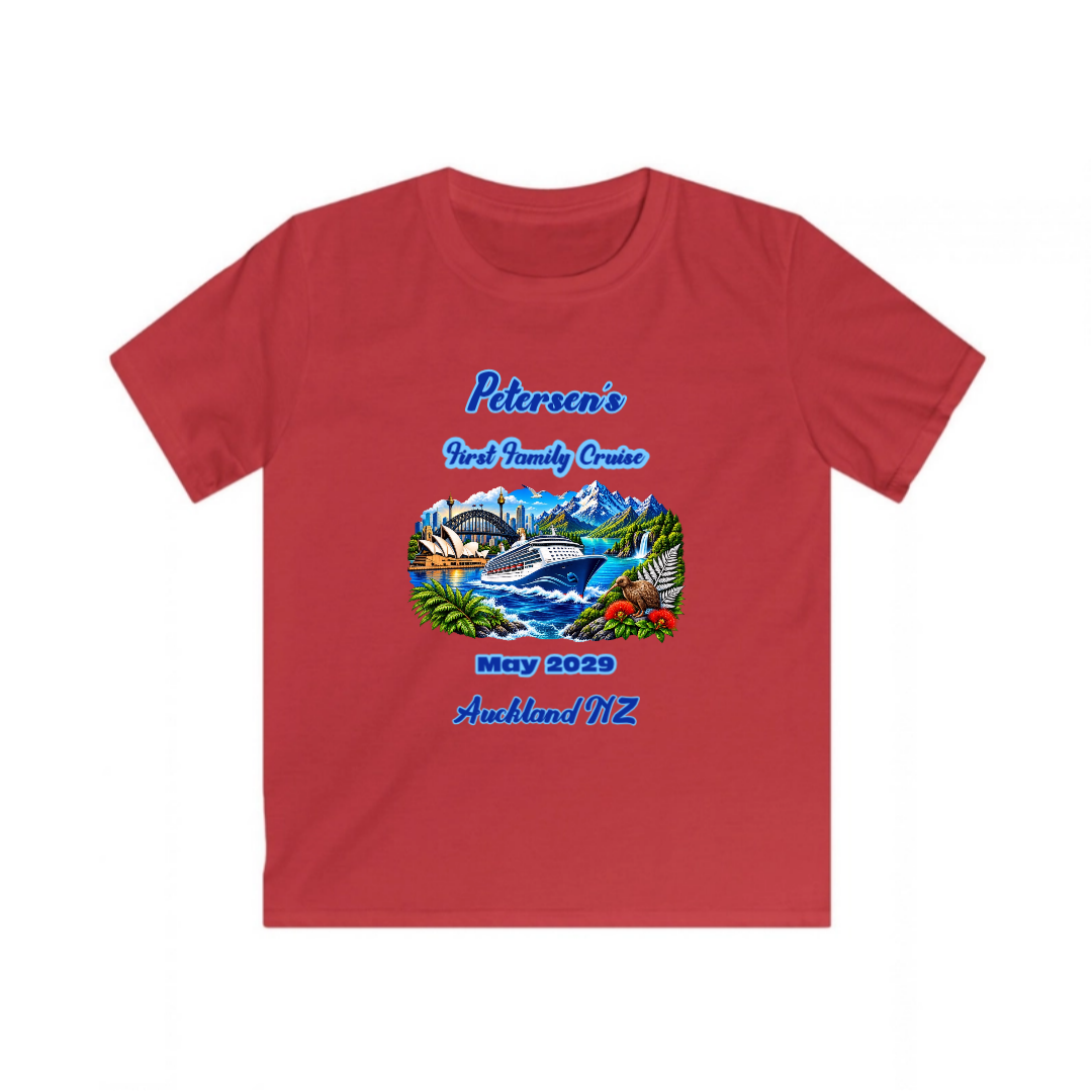 Kids red Gildan Softstyle 64000B Tee with personalised Sydney to New Zealand family cruise design featuring a cruise ship, Sydney landmarks, New Zealand scenery and stopovers.