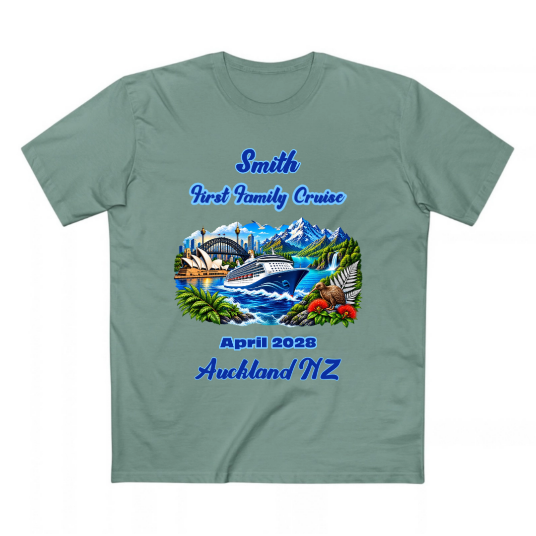 Sage Staple Tee with personalised Sydney to New Zealand family cruise design featuring cruise ship, Sydney landmarks, New Zealand scenery and stopovers.