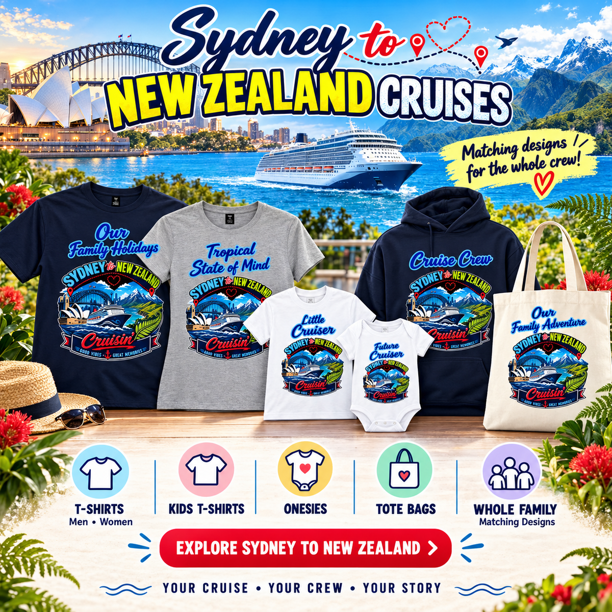 Personalised Sydney to New Zealand cruise T-shirts, kids shirts, baby onesies, hoodies and tote bags with matching family cruise designs.