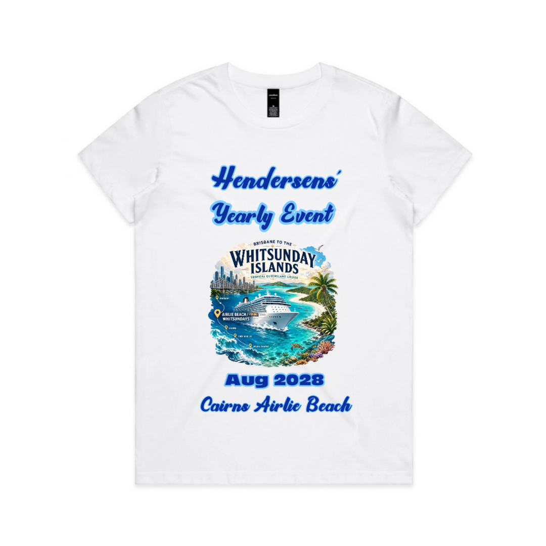 Women’s white AS Colour Maple Tee 4001 with personalised Brisbane to Whitsundays cruise design, family name, cruise date and Cairns and Airlie Beach stopovers.
