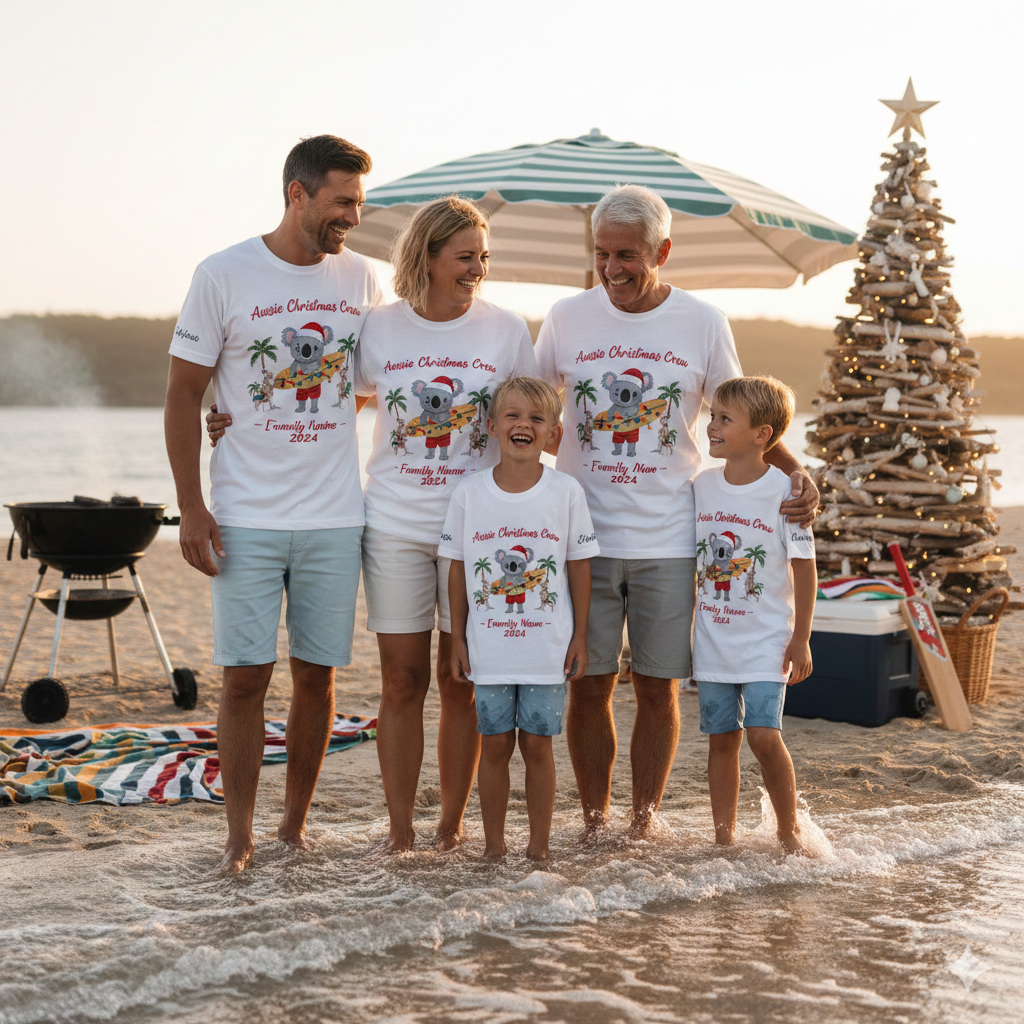 Happy Australian family wearing matching custom printed white Christmas t-shirts featuring a surfing koala design, standing on a beach with a BBQ and cricket bat to celebrate a summer Aussie Christmas.