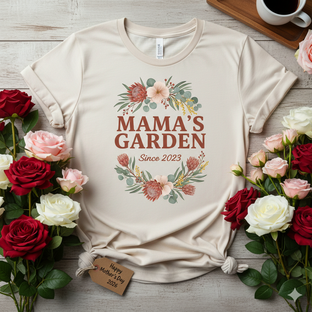 A cream-colored cotton t-shirt on a light wooden background, designed for Mother's Day 2026.