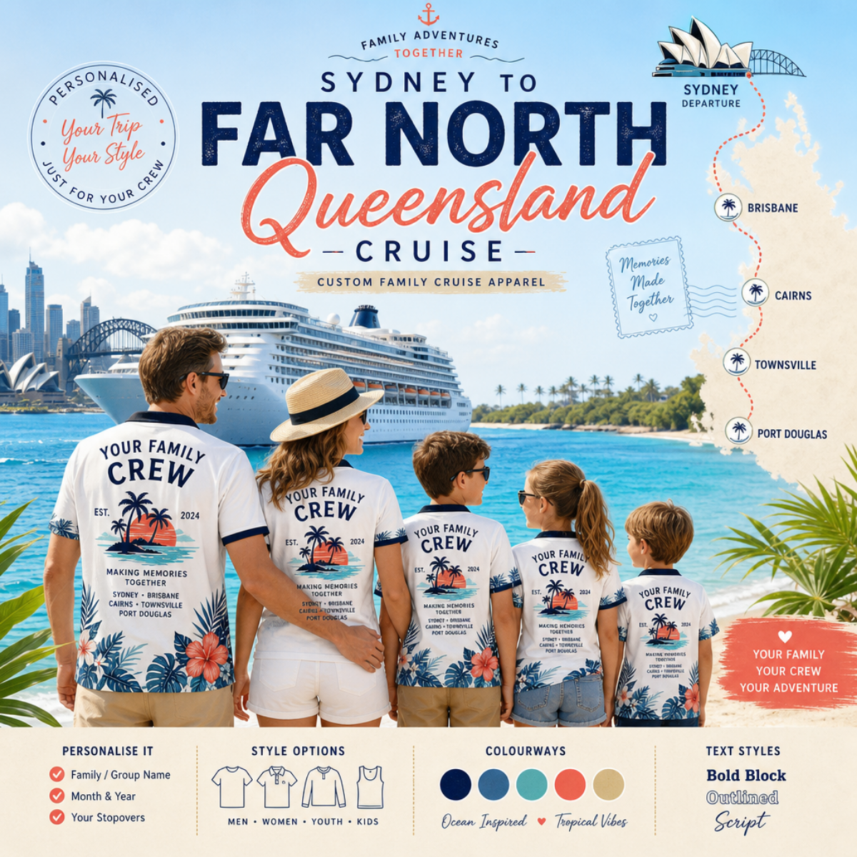 Personalised Sydney to Far North Queensland family cruise shirts with matching designs for men, women and kids, featuring Brisbane, Cairns, Townsville and Port Douglas.