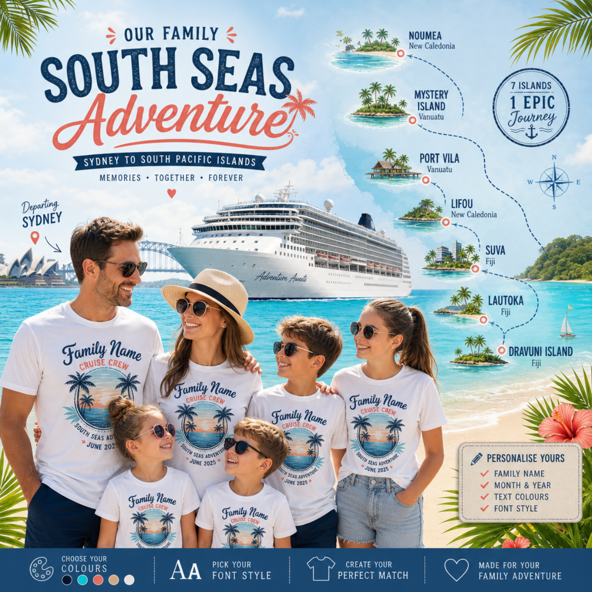 Personalised Sydney to South Seas family cruise shirts with matching designs for adults and kids, featuring Noumea, Mystery Island, Port Vila, Lifou, Suva, Lautoka and Dravuni Island.