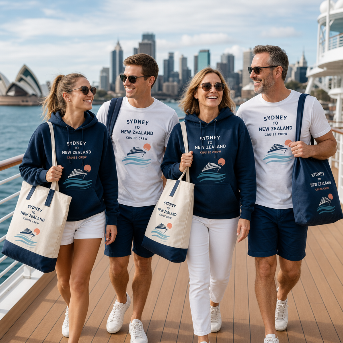 Family wearing matching Sydney to New Zealand cruise T-shirts and hoodies with personalised cruise tote bags on a cruise ship in Sydney Harbour.