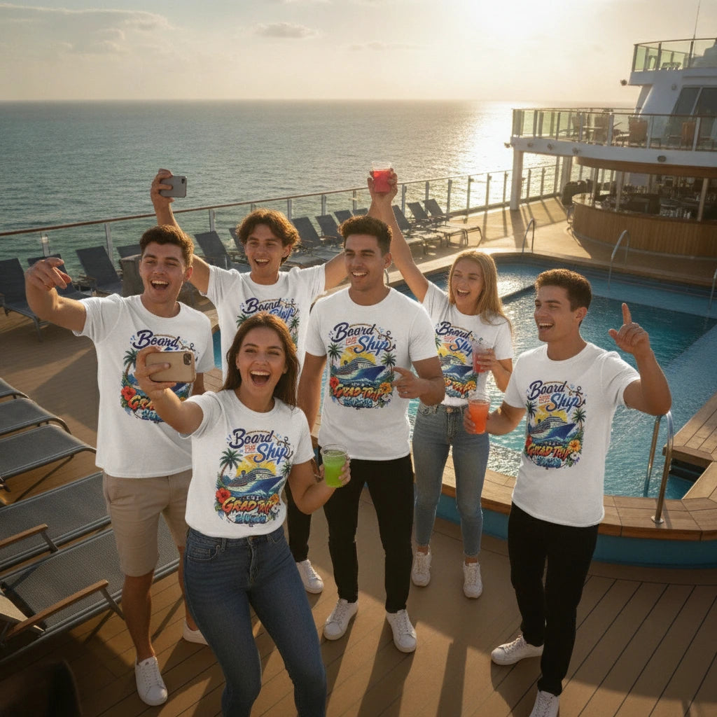 Cruise Vacation T-Shirt — "Board the Ship" Tropical Grad Trip Tee