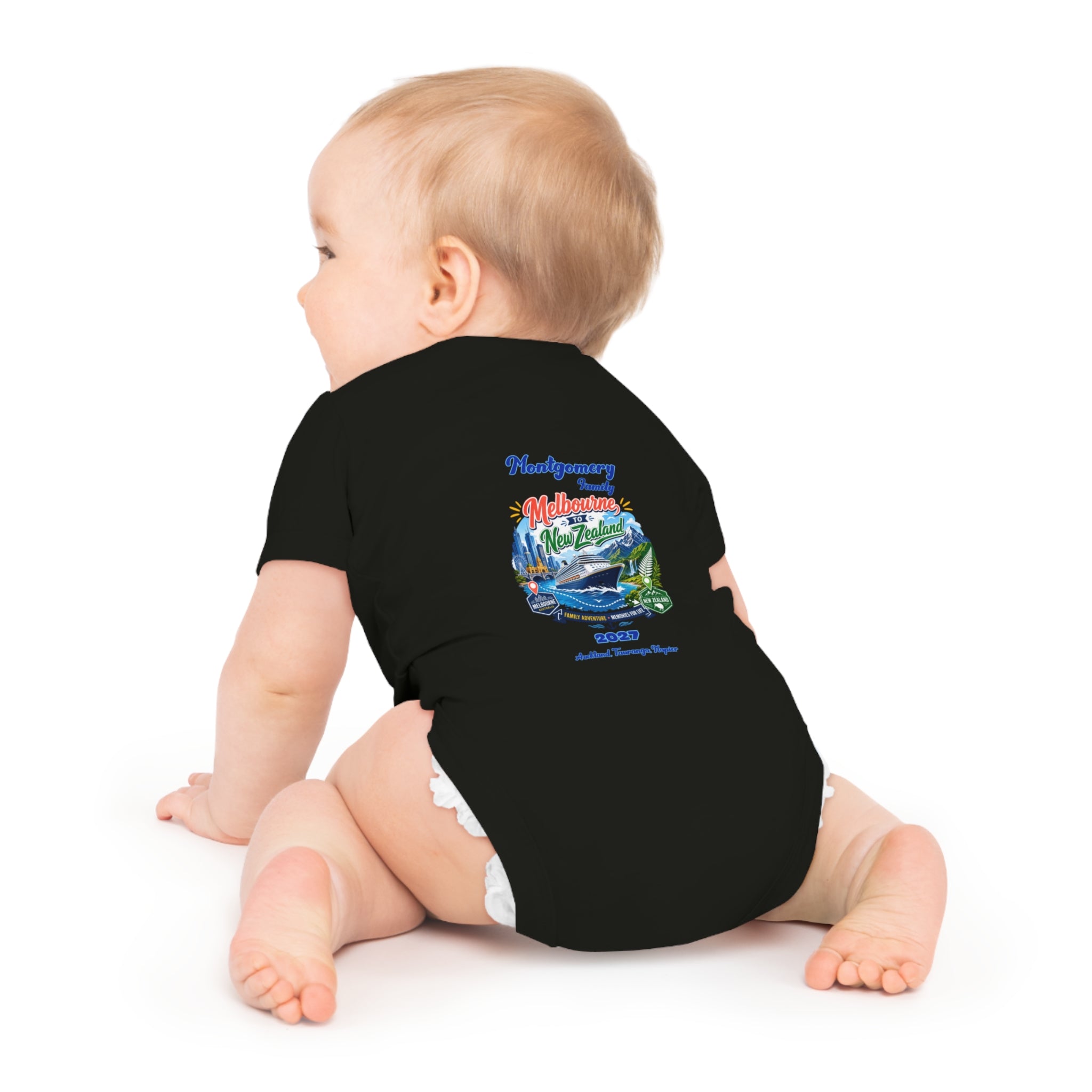 Baby Bodysuit — Vintage Travel Whale Design “Melbourne New Zealand 2027”