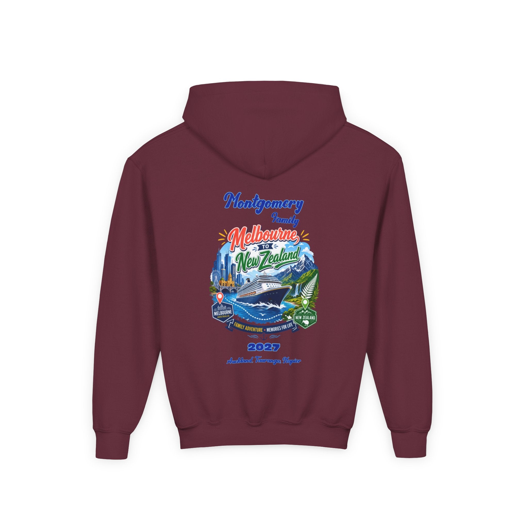Youth Hoodie — Melbourne, FL Beach Surf Family Vacation 2027 Backprint