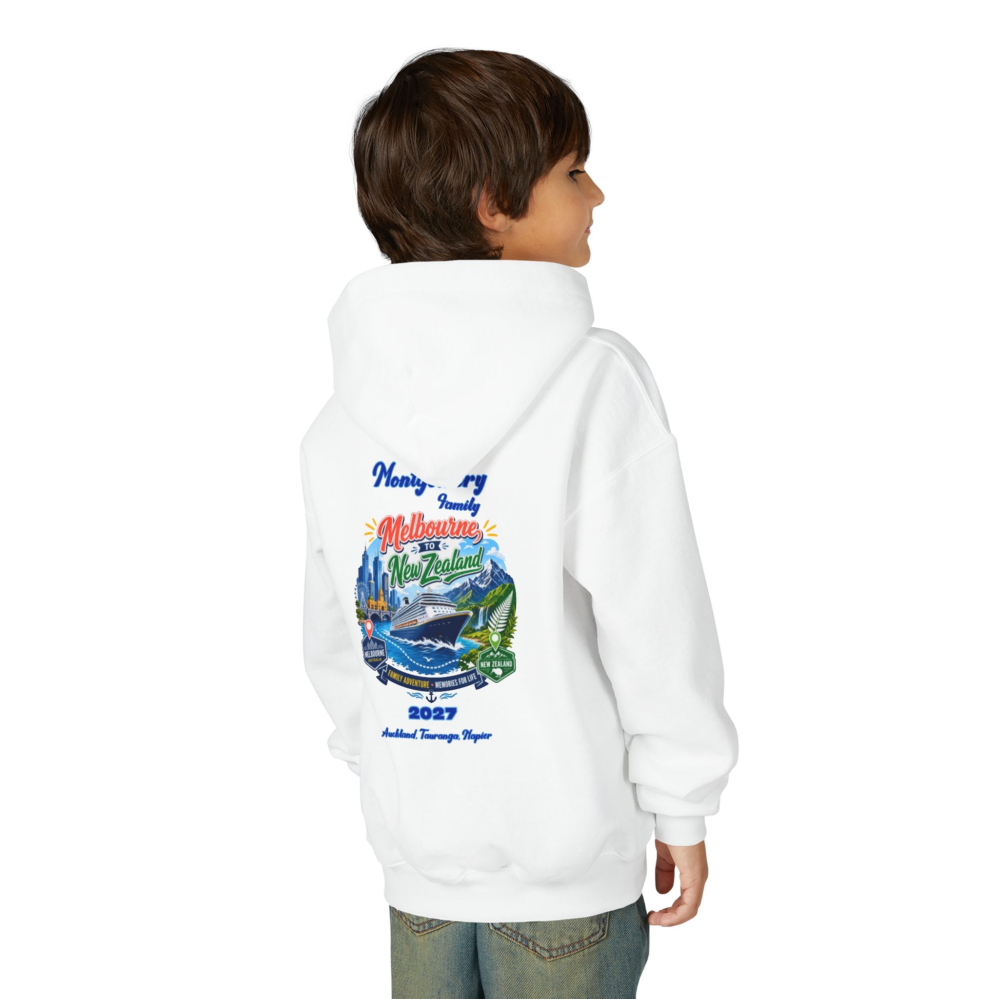 Youth Hoodie — Melbourne, FL Beach Surf Family Vacation 2027 Backprint