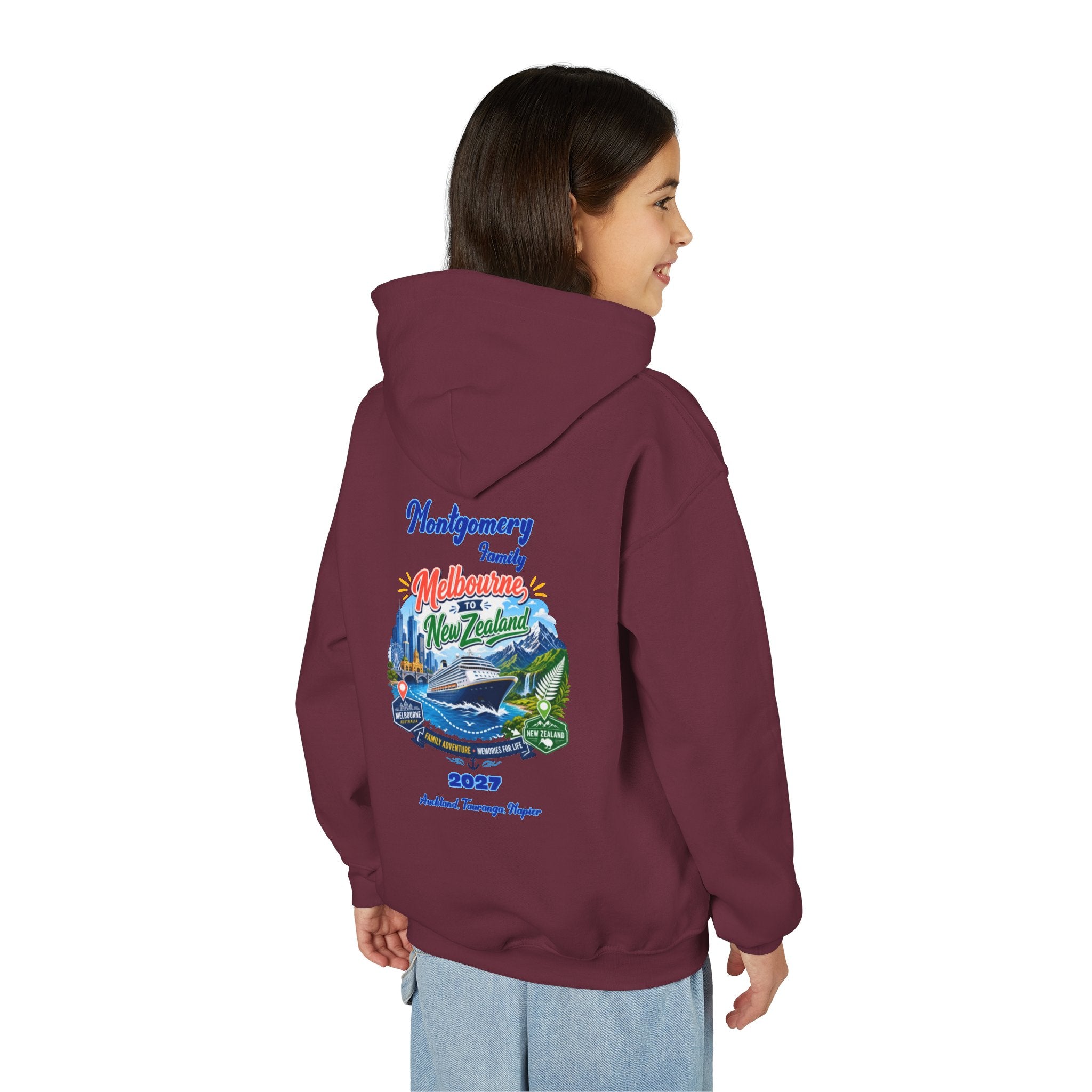 Youth Hoodie — Melbourne, FL Beach Surf Family Vacation 2027 Backprint
