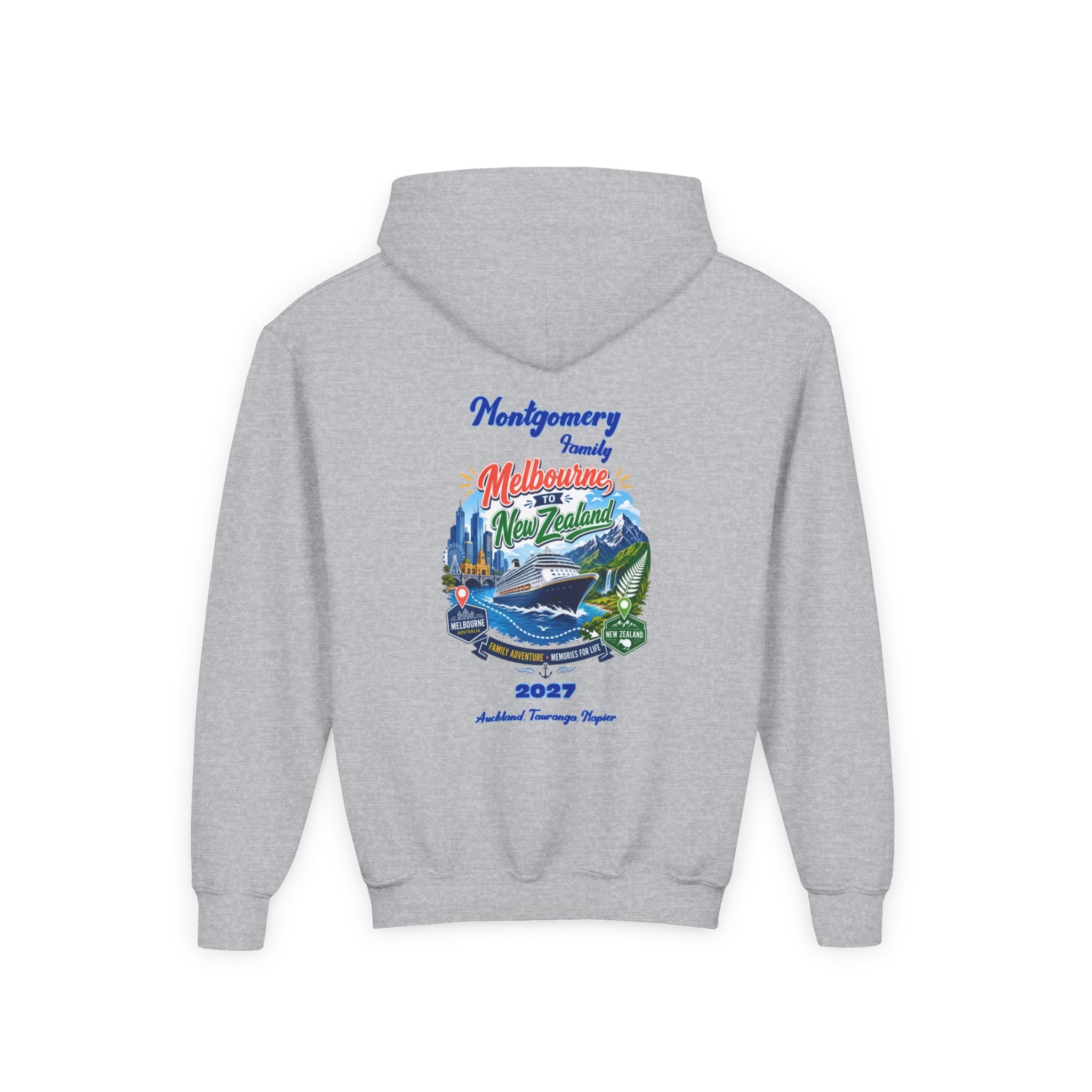 Youth Hoodie — Melbourne, FL Beach Surf Family Vacation 2027 Backprint