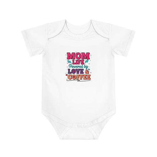 Baby Bodysuit – “Mom Life Powered by Love & Coffee” Cute Infant One-Piece