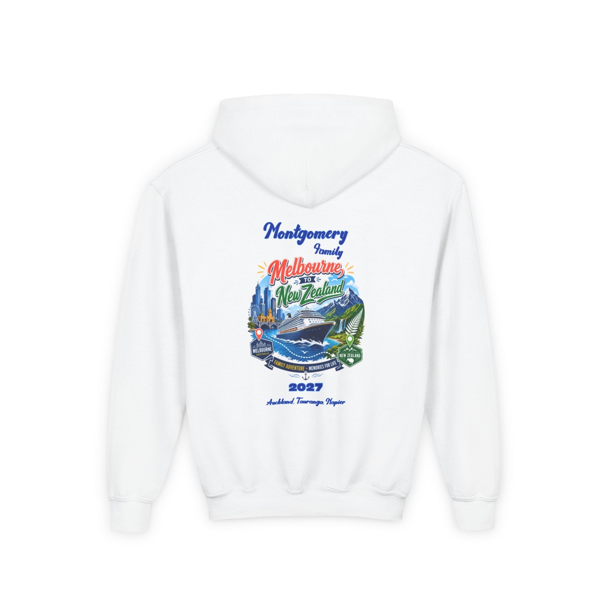 Youth Hoodie — Melbourne, FL Beach Surf Family Vacation 2027 Backprint