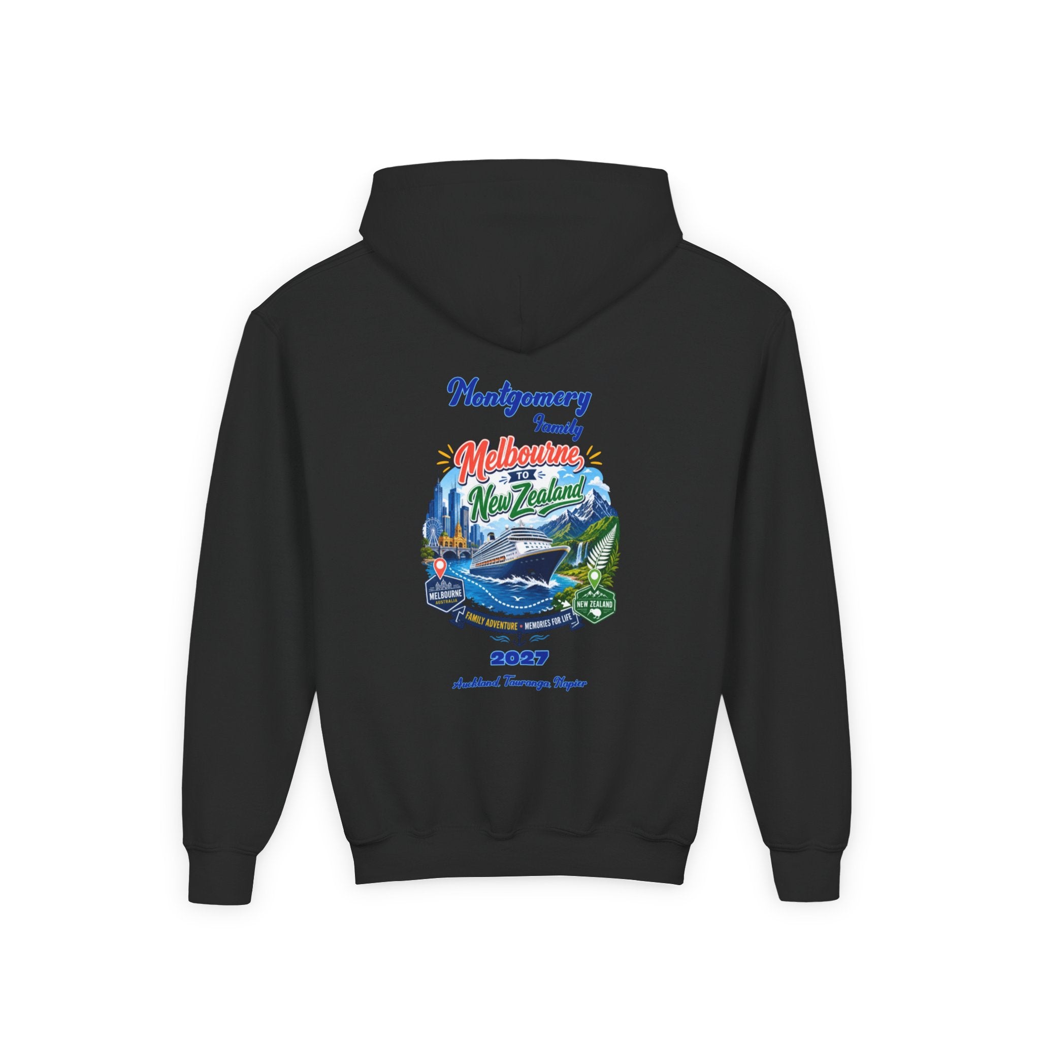 Youth Hoodie — Melbourne, FL Beach Surf Family Vacation 2027 Backprint