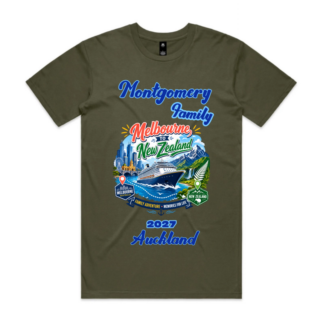  Army green Staple Tee with personalised front graphic featuring the family name, cruise year and New Zealand cruise destination departing from Melbourne.
