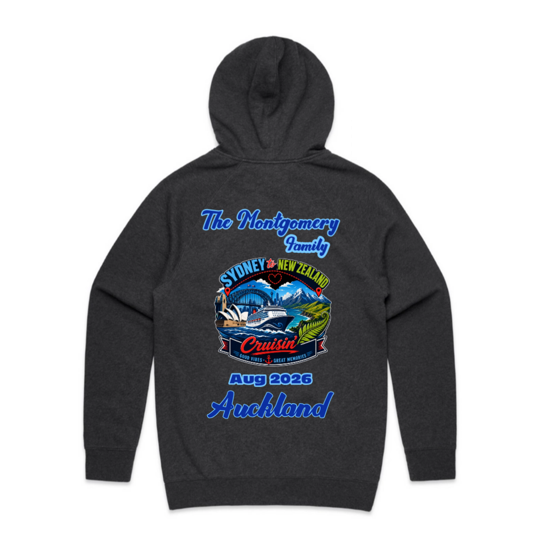 Personalised Sydney to New Zealand family cruise AS Colour Supply Hoodie in Asphalt Heather with custom family name, cruise year and Auckland stopover design.