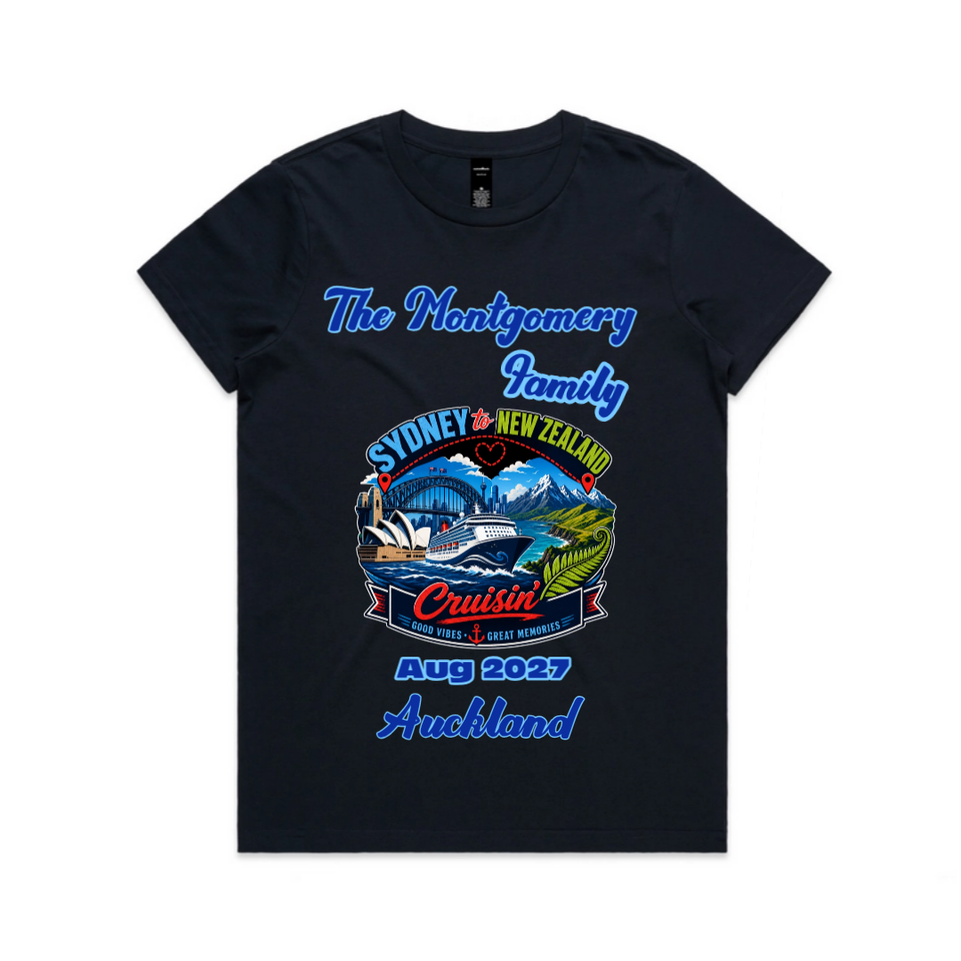 Black AS Colour Maple Tee with personalised Sydney to New Zealand family cruise design, family name, cruise year and Auckland stopover.