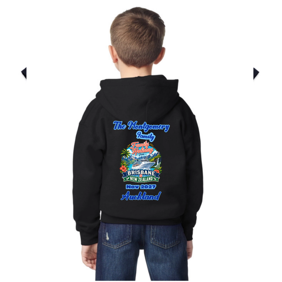 Personalised Gildan youth hoodie in Black with Sydney to New Zealand family cruise design and custom family name