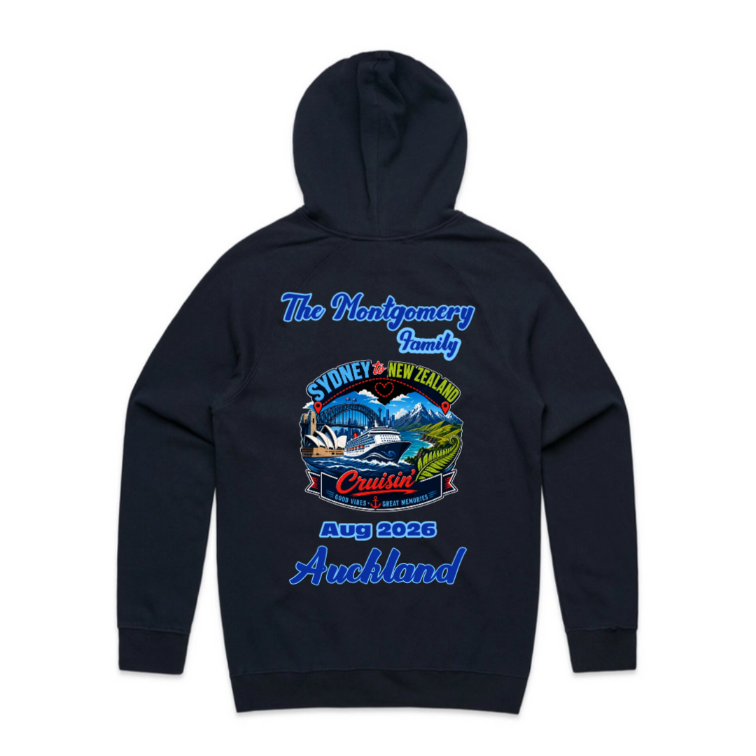 Black AS Colour Supply Hoodie with personalised Sydney to New Zealand family cruise graphic, family name, August 2026 and Auckland stopover.