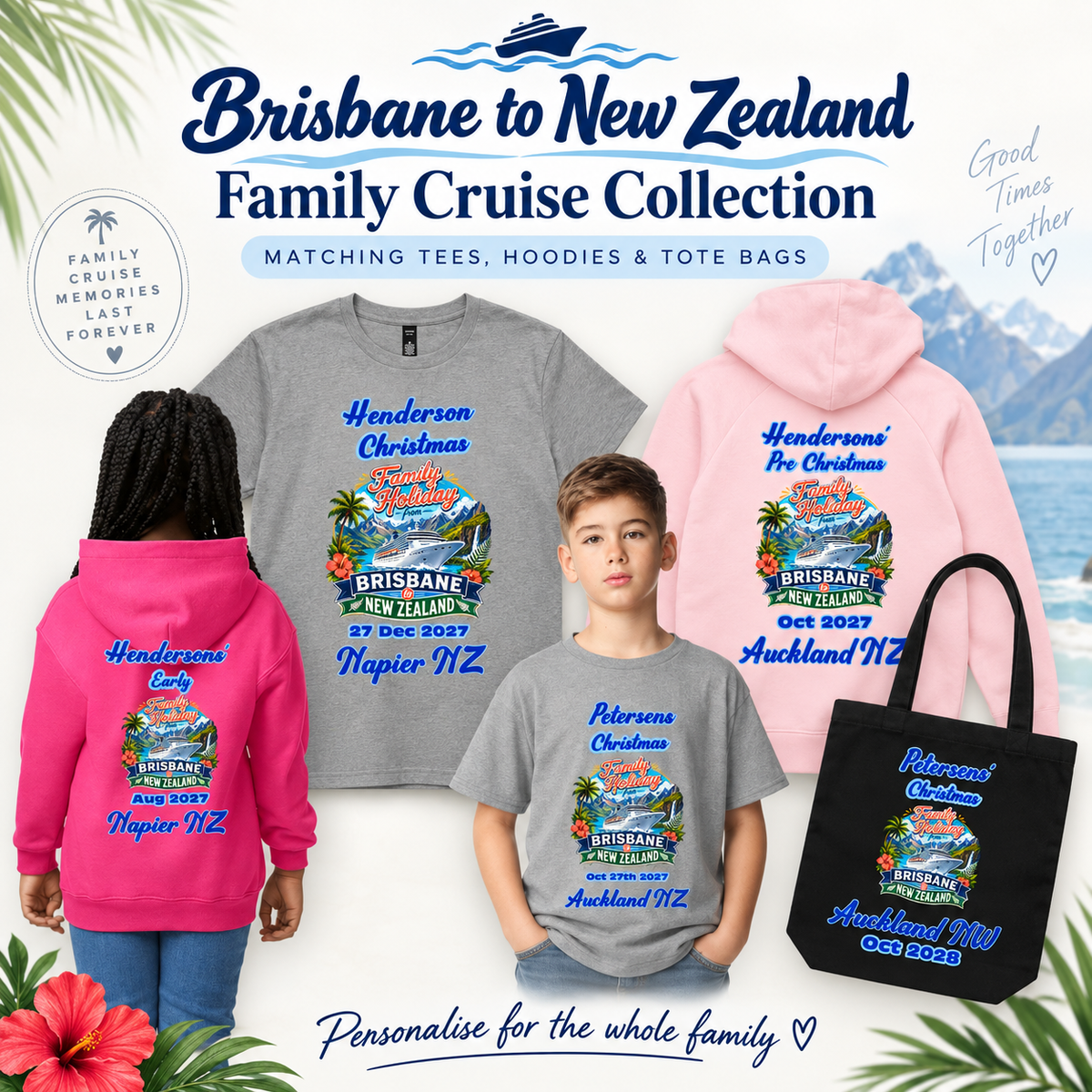Brisbane to New Zealand family cruise collection with matching personalised T-shirts, kids shirts, hoodies and tote bag.