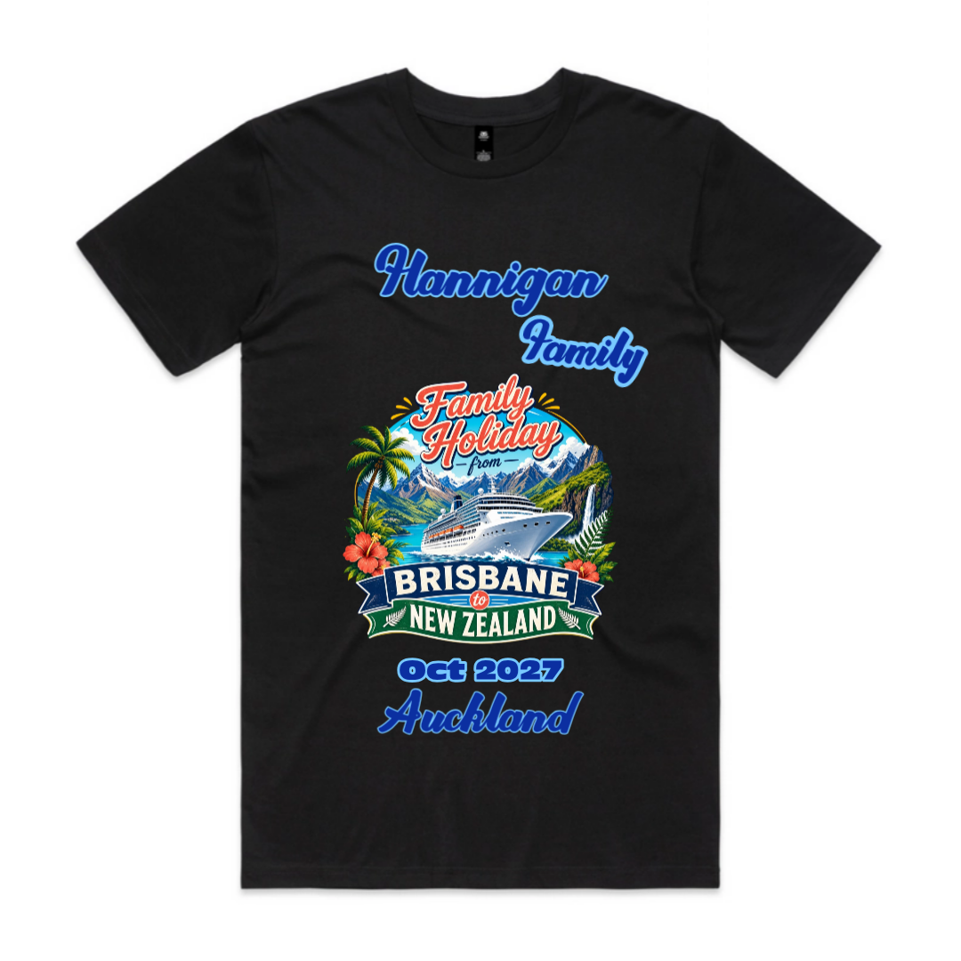 Black Staple Tee customised for a Brisbane to New Zealand cruise, featuring the passenger family name, departure month and year, and cruise stopovers.