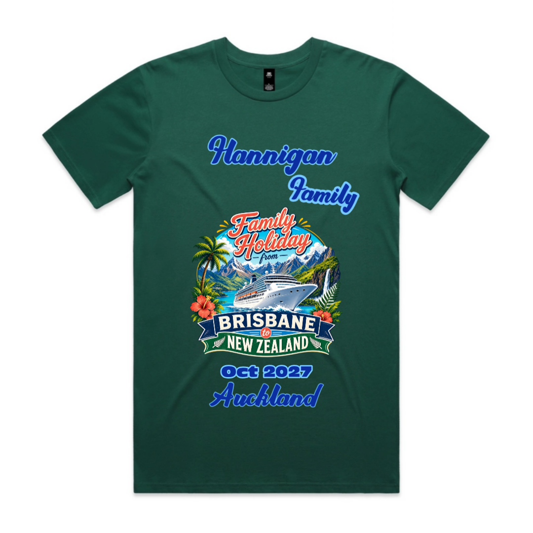 Forest green Staple Tee customised for a Brisbane to New Zealand cruise, featuring the passenger family name, departure month and year, and cruise stopovers.