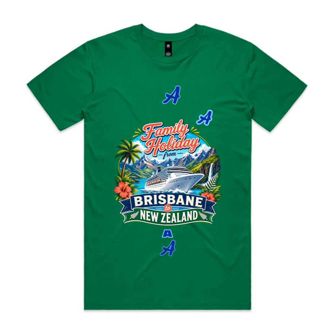 Green Staple Tee personalised for a Brisbane to New Zealand cruise with family passenger name, departure month and year, and cruise stopovers.