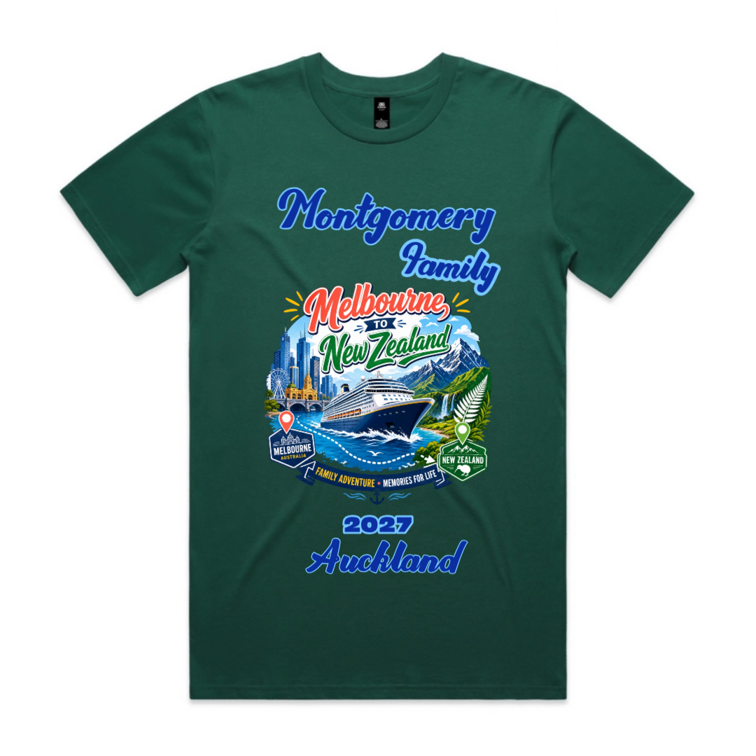 Forest green Staple Tee with personalised front graphic showing family name, cruise year and New Zealand cruise from Melbourne.