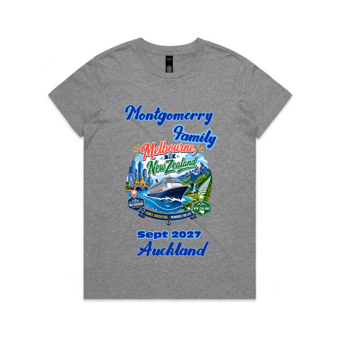 Personalised grey marle AS Colour Maple Tee with a Melbourne to New Zealand cruise graphic custom printed on the back.