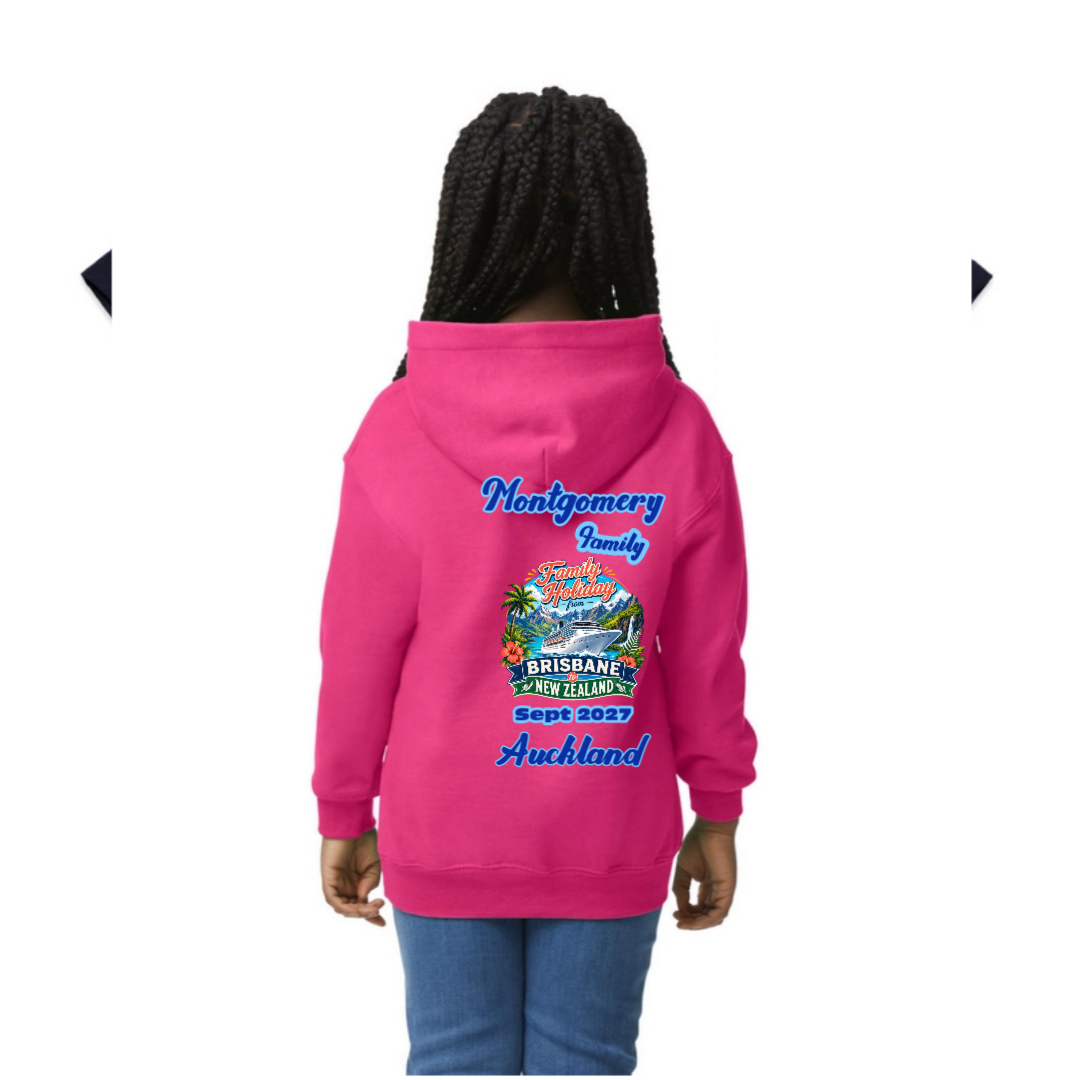 Heliconia Gildan youth hoodie personalised for a Brisbane to New Zealand cruise with family name, departure month and year, and cruise stopovers.
