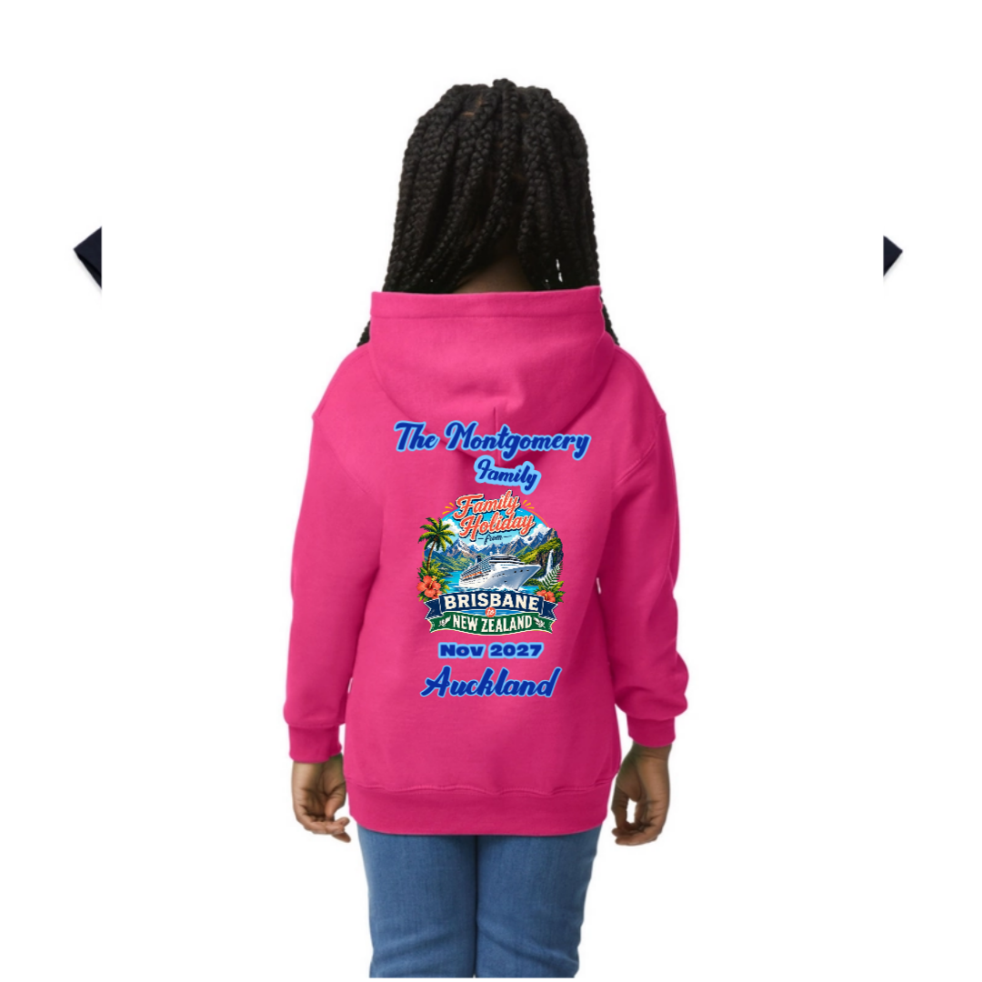 Heliconia Gildan youth hoodie with personalised family cruise graphic for Brisbane to New Zealand cruise holidays.