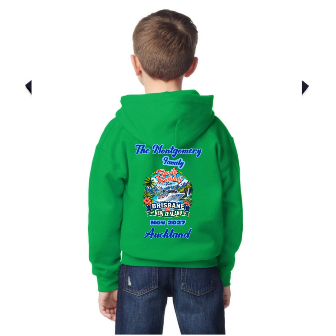 Personalised Gildan youth hoodie in Kelly Green with Sydney to New Zealand family cruise design, family name, cruise year and Auckland stopover.