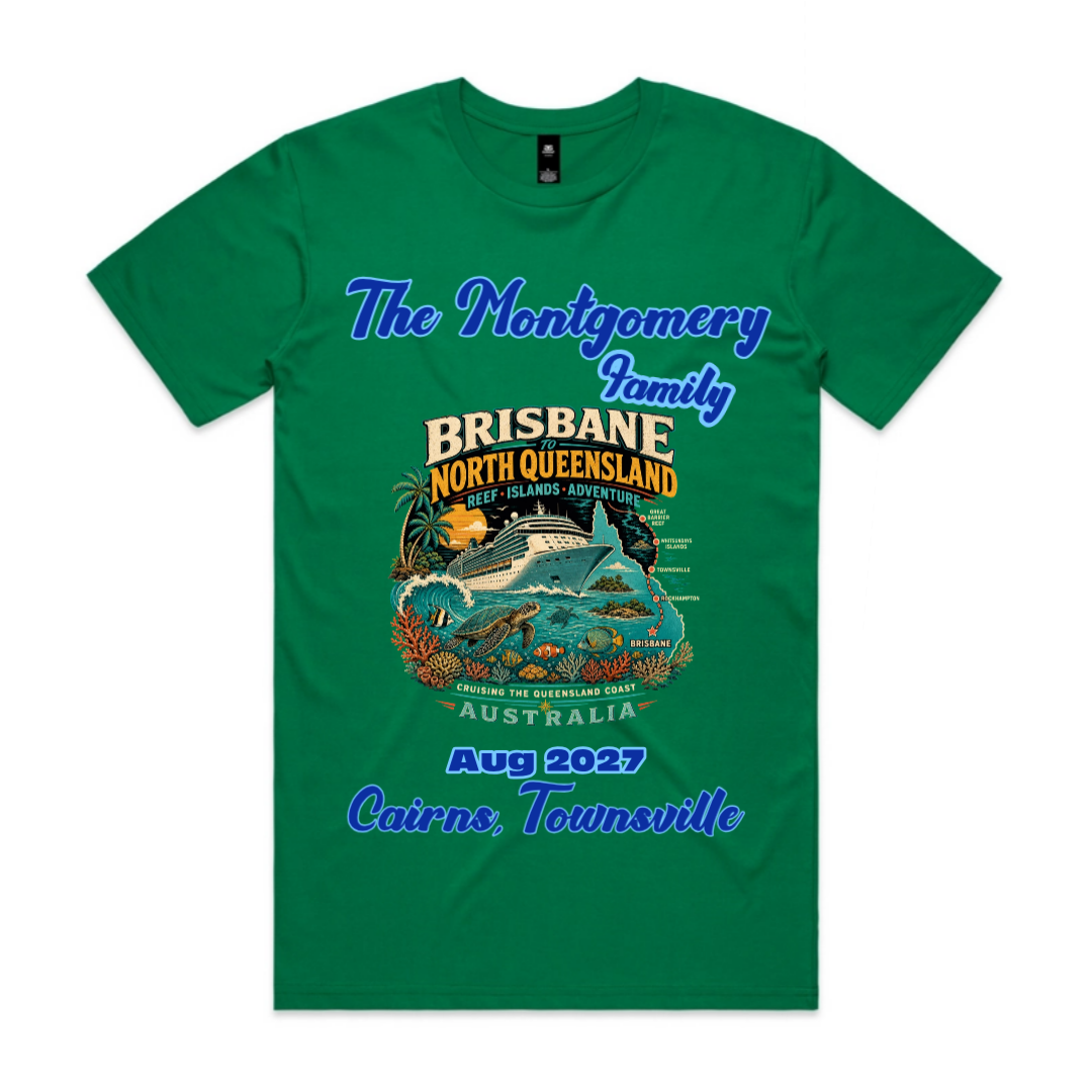 Kelly green AS Colour Staple T-shirt with personalised Brisbane to North Queensland family cruise graphic featuring Cairns, Townsville and Great Barrier Reef stopovers.