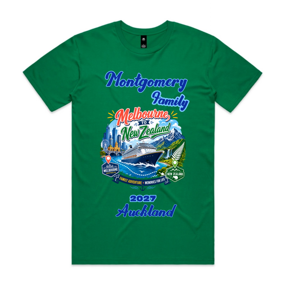 Kelly green Staple Tee with personalised family cruise graphic, family name, cruise year and New Zealand trip from Melbourne.