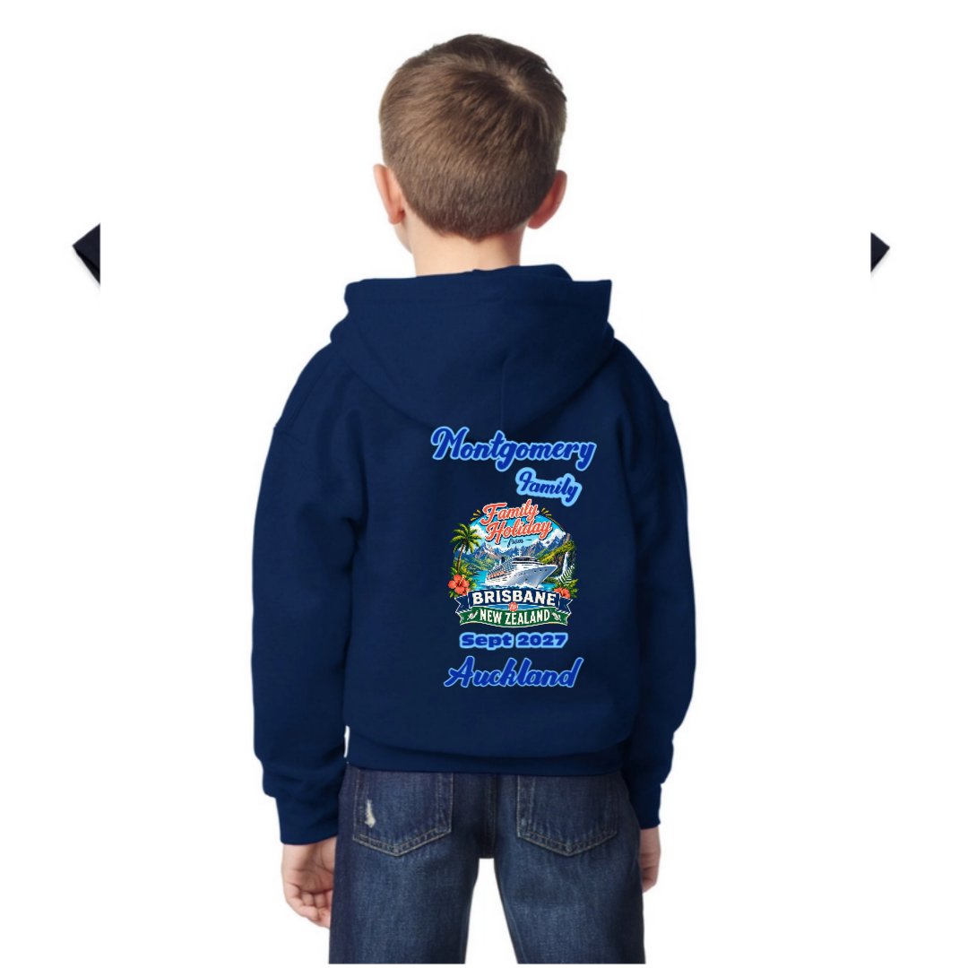 Navy youth cruise hoodie personalised for a Brisbane to New Zealand cruise with family name, departure month and year, and cruise stopovers.