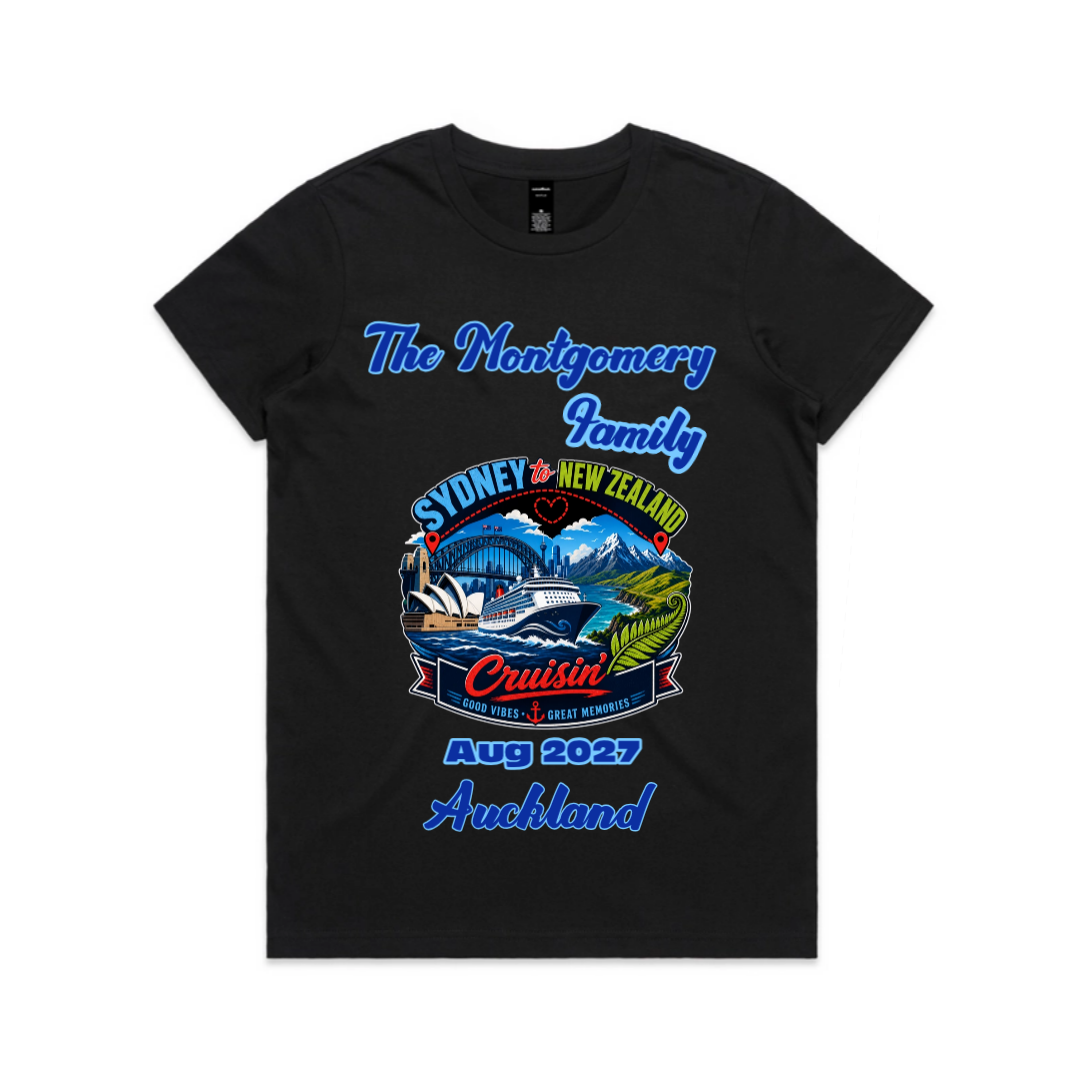 Personalised navy AS Colour Maple Tee with Sydney to New Zealand family cruise graphic, family name, cruise year and Auckland stopover.