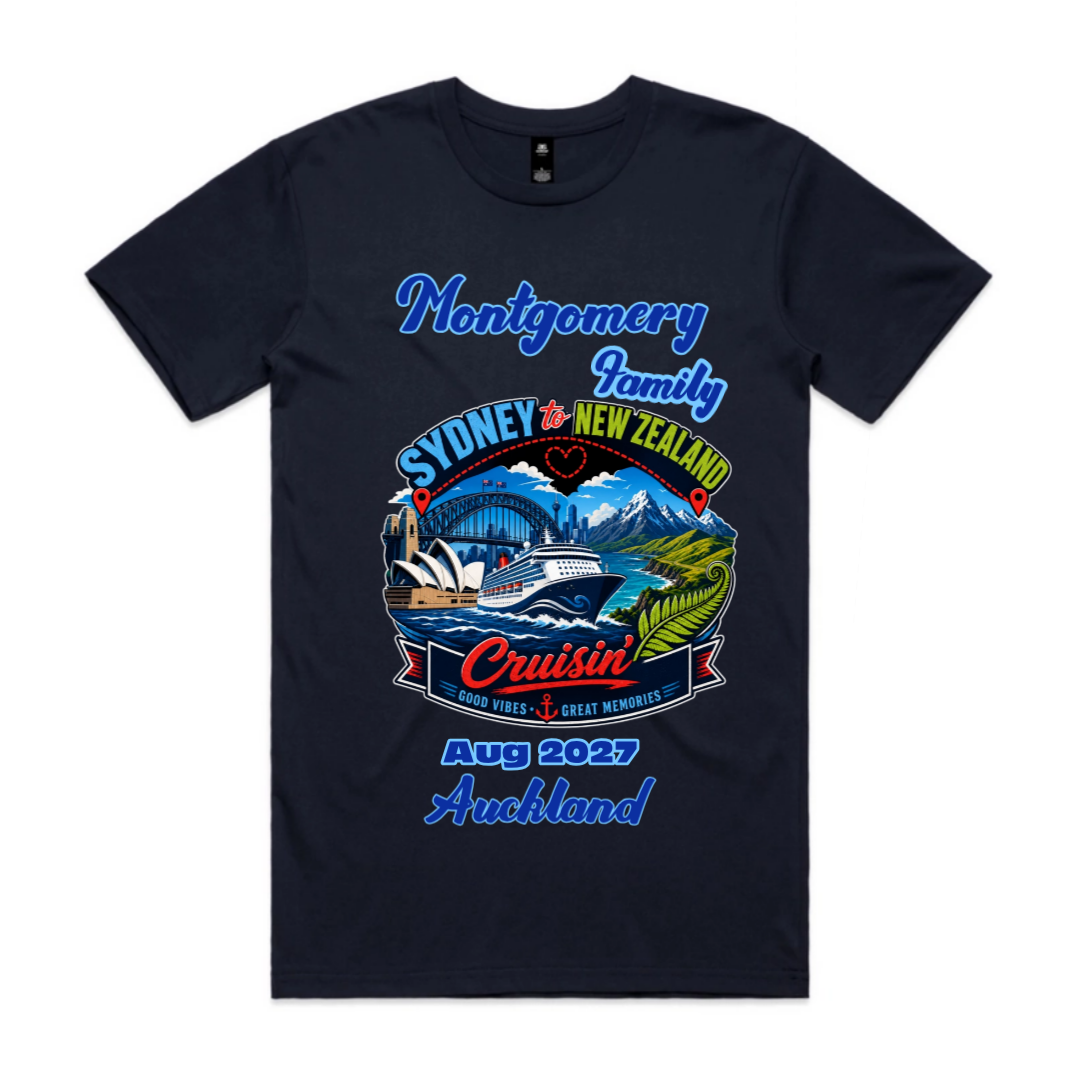 Personalised Sydney to New Zealand family cruise T-shirt in navy, featuring custom family name, cruise year and Auckland stopover design.