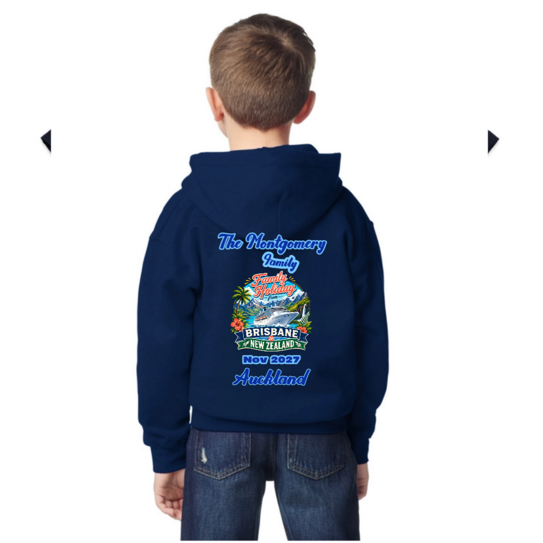 Personalised Gildan youth hoodie in Navy with Sydney to New Zealand family cruise design and custom family name