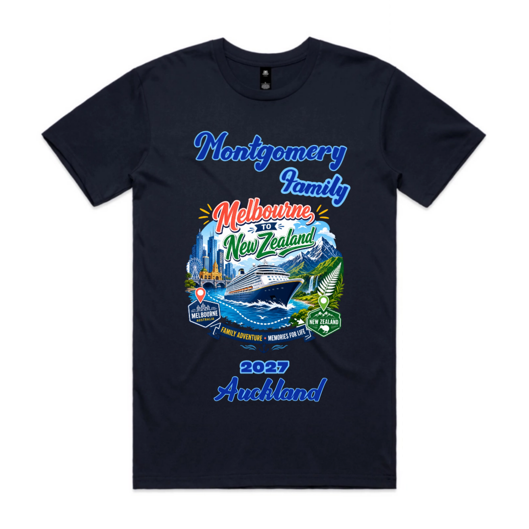 Dark navy Staple Tee with a personalised family cruise graphic featuring the family name, cruise year and New Zealand destination, departing from Melbourne.