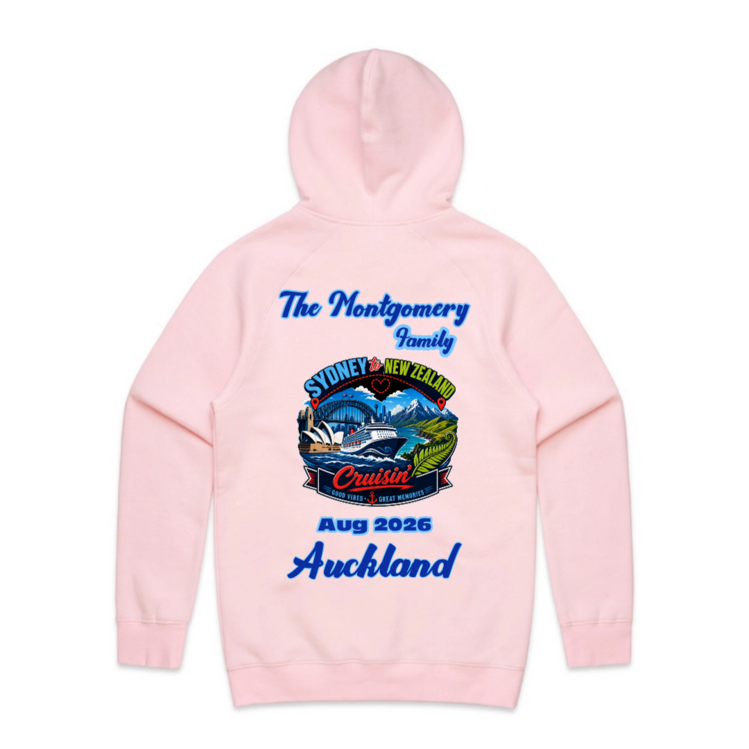 Pink AS Colour Supply Hoodie with personalised Sydney to New Zealand family cruise graphic, family name, cruise year and Auckland stopover