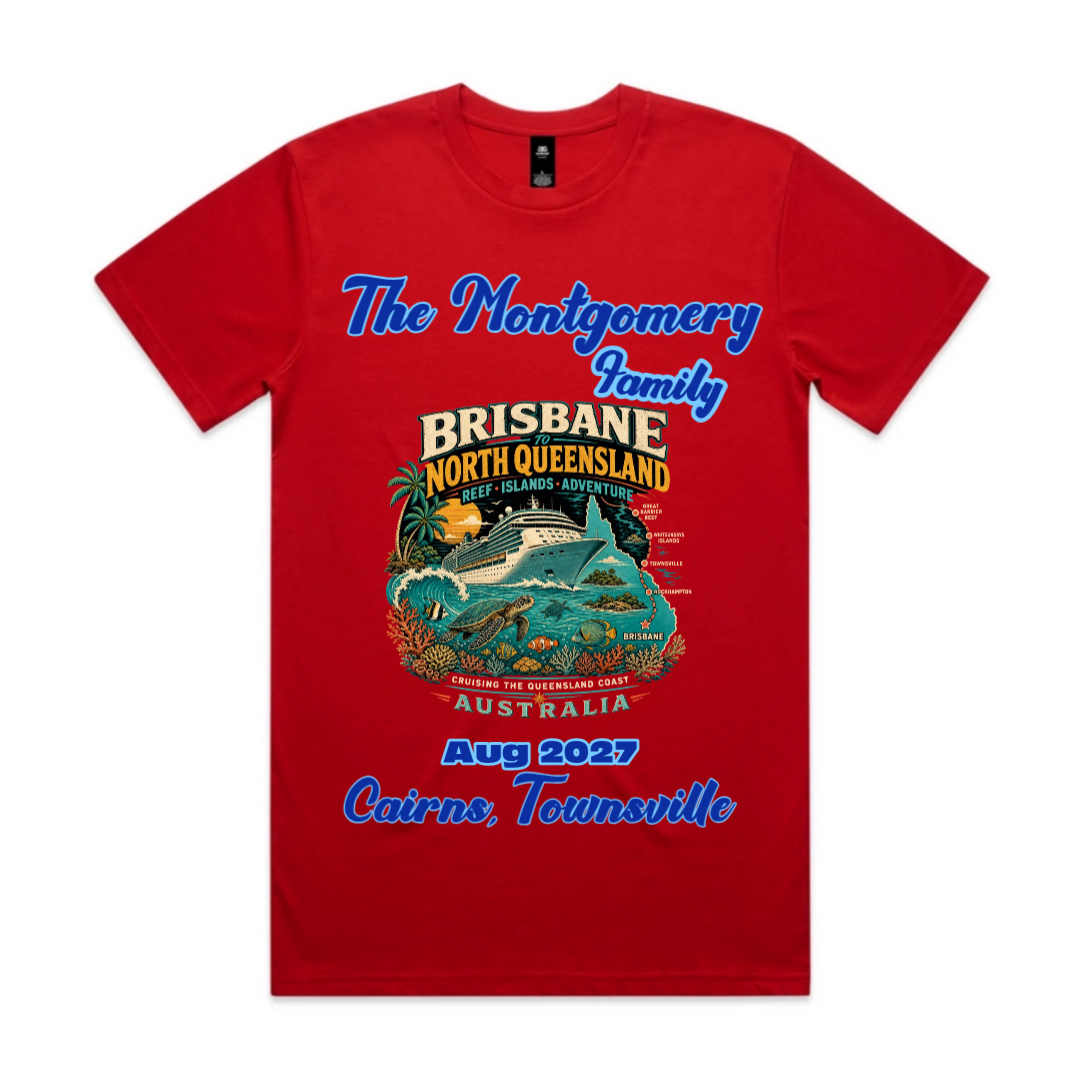 Personalised red Brisbane to North Queensland family cruise T-shirt with Cairns, Townsville and Great Barrier Reef stopovers.