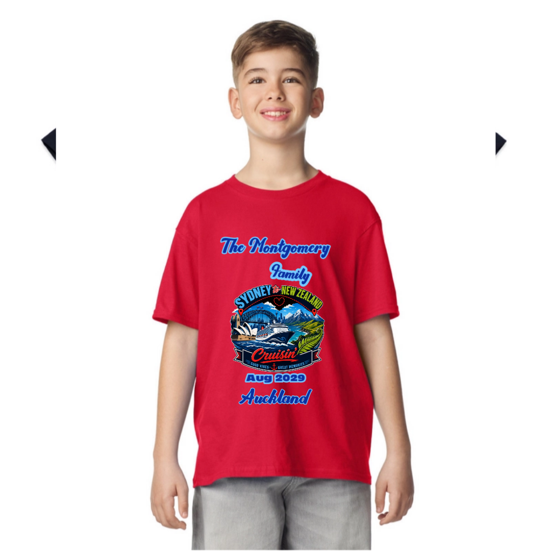 Personalised Sydney to New Zealand Family Cruise Youth T-Shirt – Gildan Softstyle